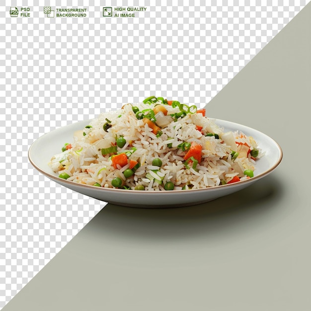 PSD appetizing healthy rice with vegetables in white plate on transparent background