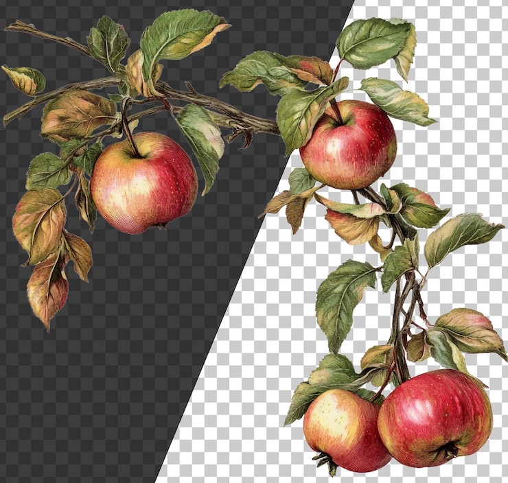 PSD apples on branches with green leaves in autumn cut out stock png