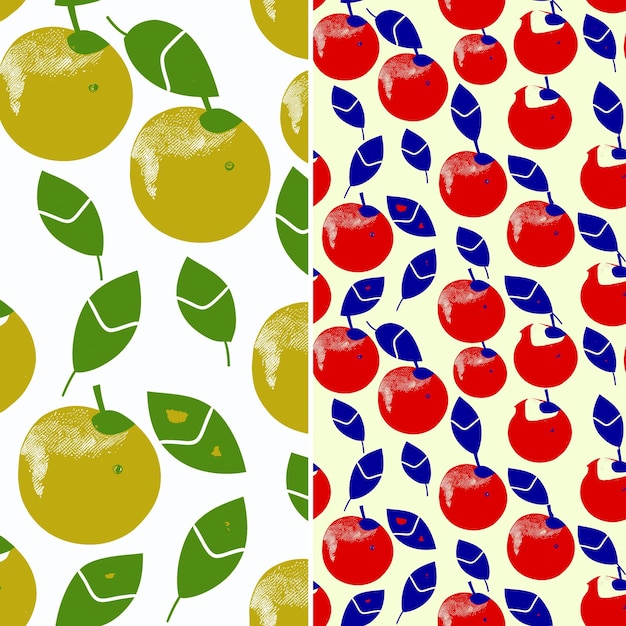 Apples and pears are on a wall with a pattern of apples