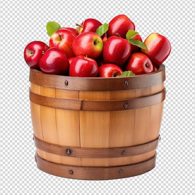 Apples in a wooden barrel isolated on transparent background