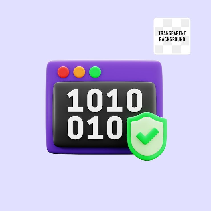 PSD 화면에 바이너리 번호가 표시된 응용 프로그램: 바이러스, 운영 체제 공격, 사이버, 인터넷 보안, 3d 아이콘 일러스트레이션, 렌더 디자인