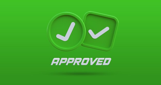 PSD approved icons in green background 3d render psd mockup