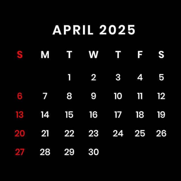 april 2025 calendar black background