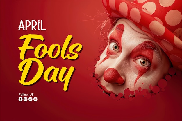 PSD april fools banner sjabloon met een clown achtergrond en een verrast uitdrukking