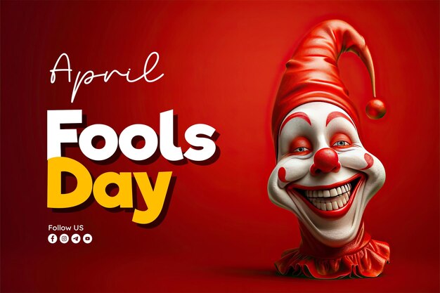 PSD modello di banner di april fools con uno sfondo di clown e un'espressione sorpresa