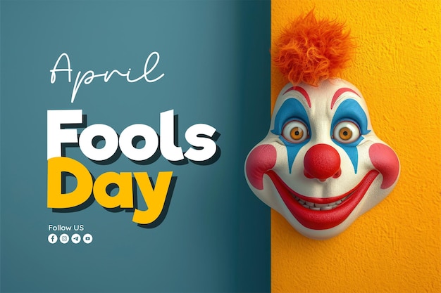 PSD modello di banner di april fools con uno sfondo di clown e un'espressione sorpresa