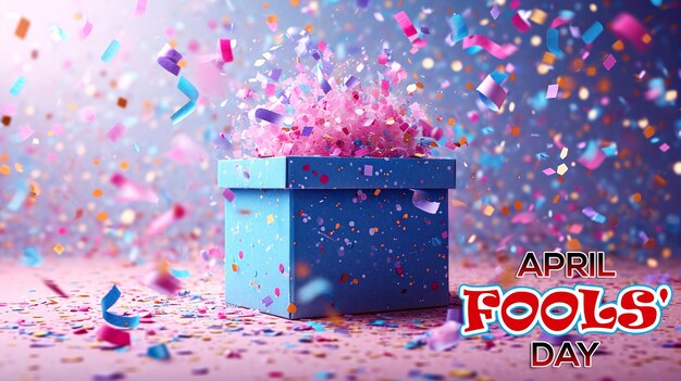 PSD april fools day design with explosive prank box and confetti