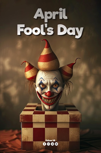 PSD april fools day poster sjabloon met funny jack in de doos