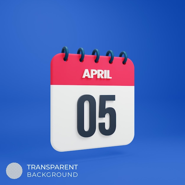 April Realistic Calendar Icon 3D Rendered Date April 05