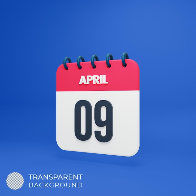 April Realistic Calendar Icon 3D Rendered Date April 09