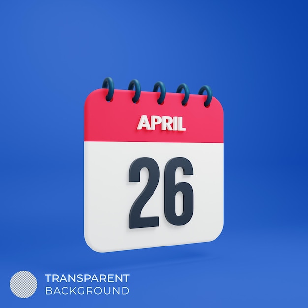 April realistic calendar icon 3d rendered date april 26