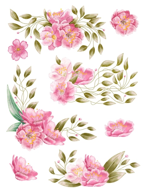 Aquarel bloemenarrangement van Japanse bloemen kersenbloesems met geïsoleerde groene bladeren