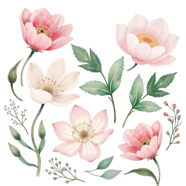 Aquarel bloemenillustratie met roze bloemen en groene bladeren