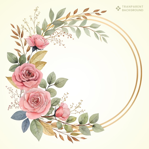 Aquarel bloemenkrans met roze rozen en gouden cirkel Elegant botanisch raamontwerp