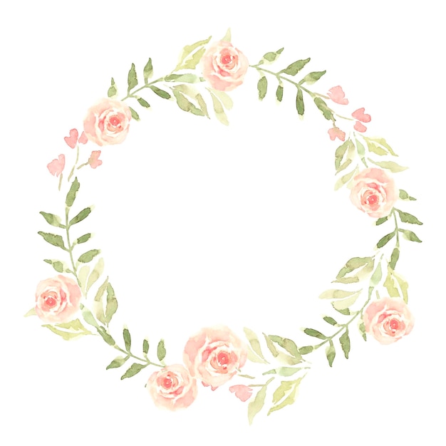 Aquarel bloemenkrans met roze rozen en groene bladeren