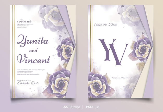 PSD aquarel bruiloft uitnodiging sjabloon met paarse bloem ornament