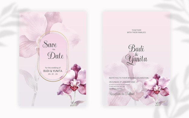 PSD aquarel bruiloft uitnodigingskaart met prachtige orchideebloemen