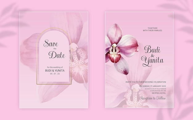Aquarel bruiloft uitnodigingskaarten met prachtige orchideebloemen