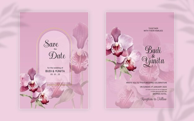 Aquarel bruiloft uitnodigingskaarten met prachtige orchideebloemen