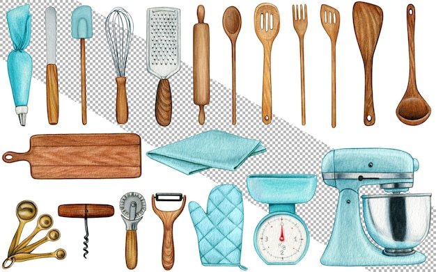 Aquarel hand getrokken koken tools collectie