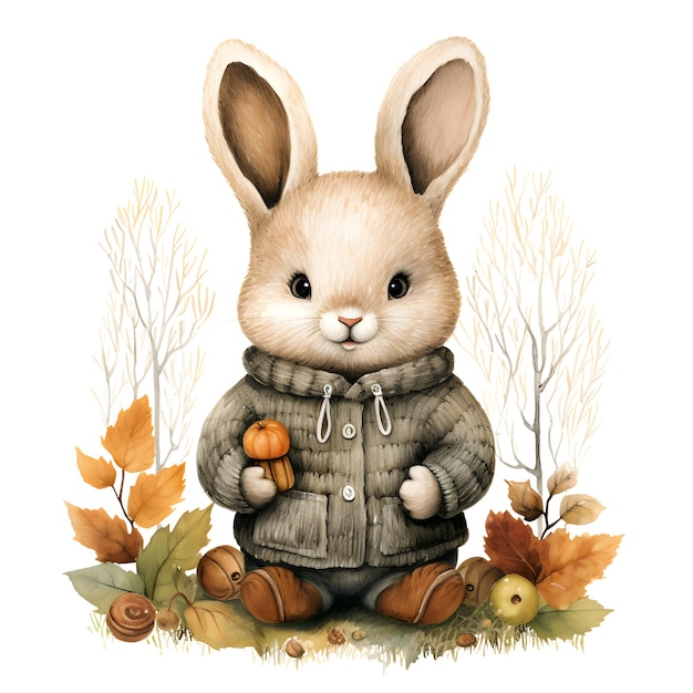 Aquarel illustratie van een schattig klein konijn in een warm jasje met herfstbladeren