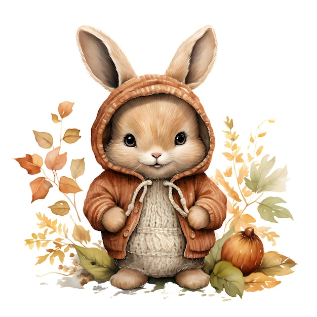 Aquarel illustratie van een schattig klein konijn in een warm jasje met herfstbladeren