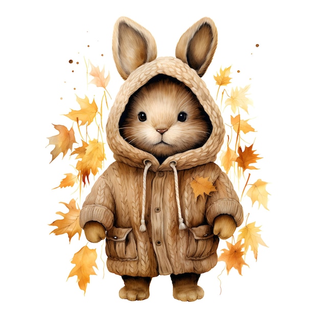 Aquarel illustratie van een schattig klein konijn in een warm jasje met herfstbladeren