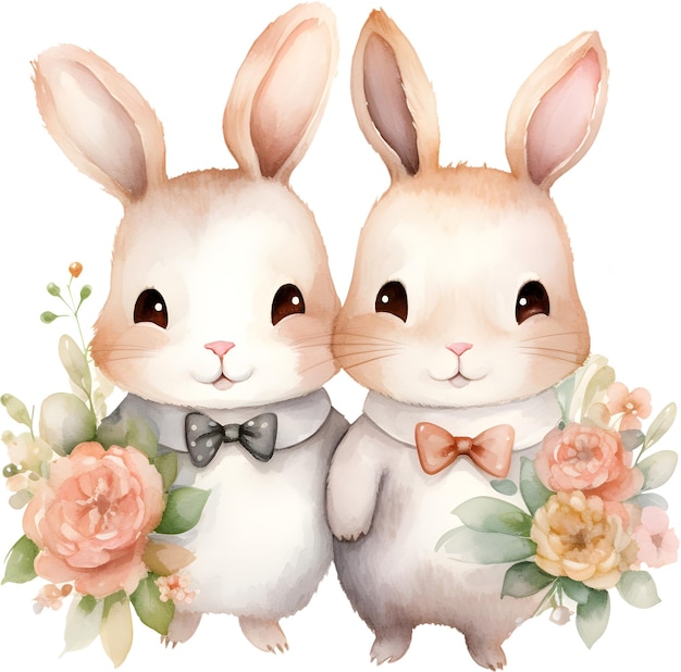 PSD aquarel klein schattig smiley konijn paar met strikken en rozen clipart voor romantische liefde thema kunst