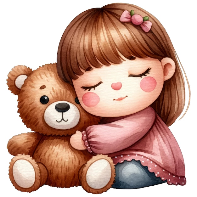 PSD aquarel leuk meisje dat een teddybeer knuffelt