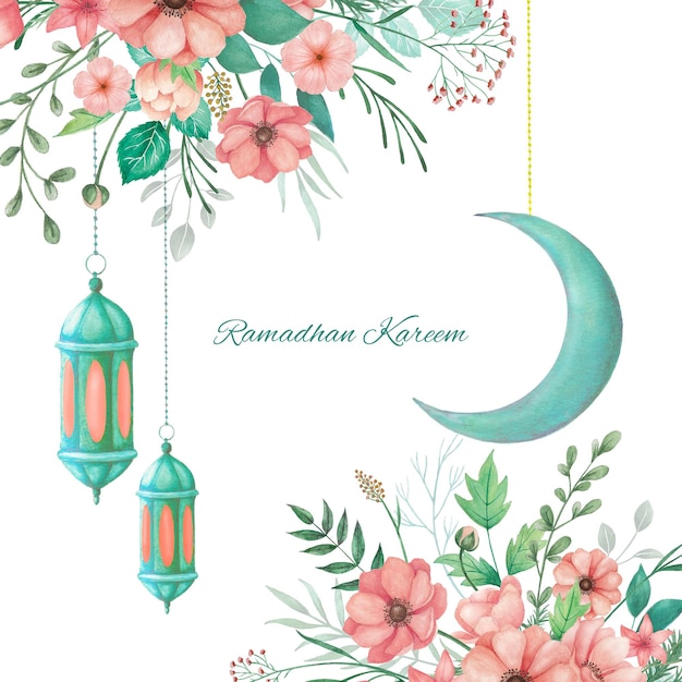 Aquarel Ramadan Kareem Islamitische wenskaartsjabloon met florale ornamenten