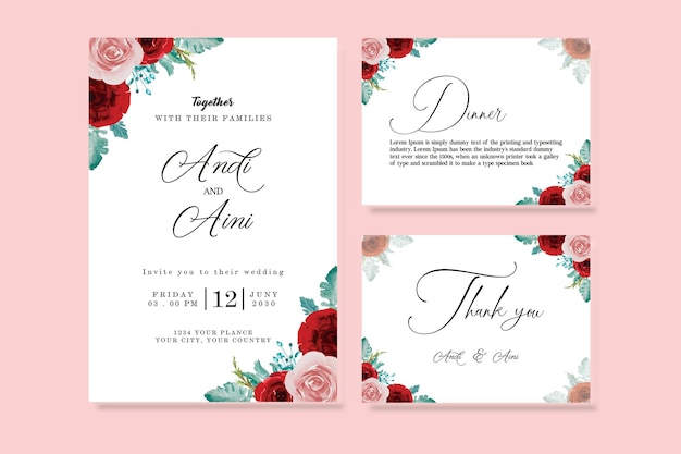 aquarel roze rozen bruiloft uitnodigingskaart set premium PSD