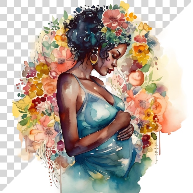 PSD aquarel schattig clipart zwangere vrouw met bloemen bloemenkrans op transparante achtergrond