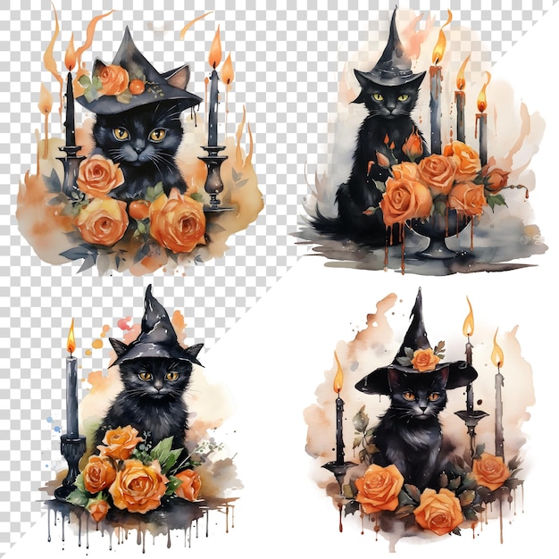 PSD aquarel schattige clipart halloween heks zwarte kat met kaarsen op doorzichtige achtergrond