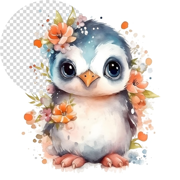 PSD aquarel schattige clipart pinguïn met bloemen op doorzichtige achtergrond