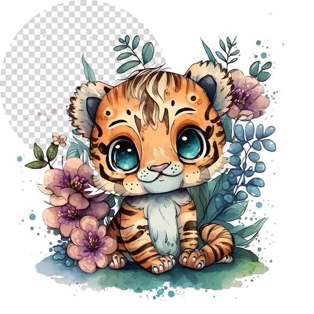 PSD aquarel schattige clipart tijger met bloemen op doorzichtige achtergrond