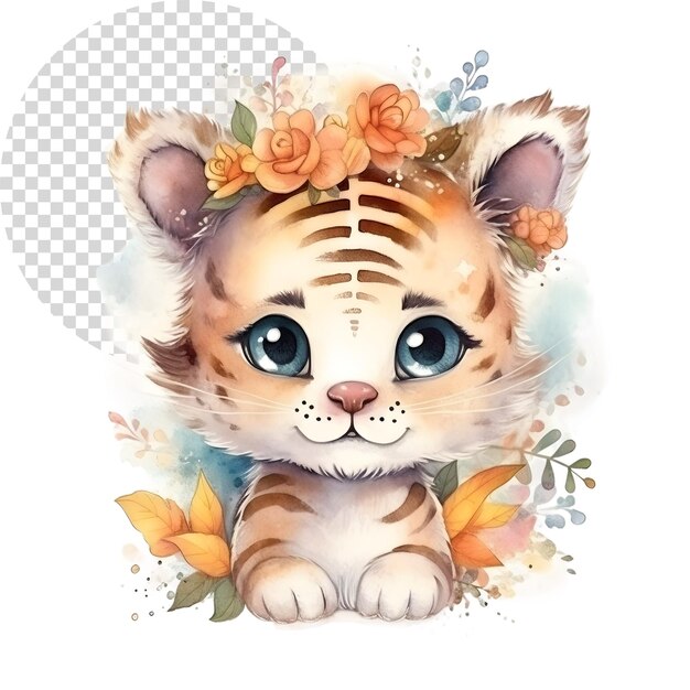 PSD aquarel schattige clipart tijger met bloemen op doorzichtige achtergrond