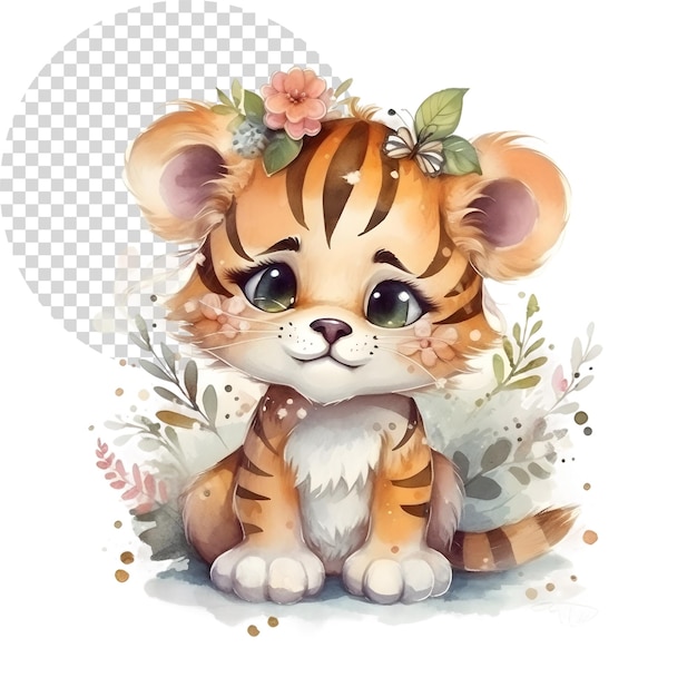 PSD aquarel schattige clipart tijger met bloemen op doorzichtige achtergrond