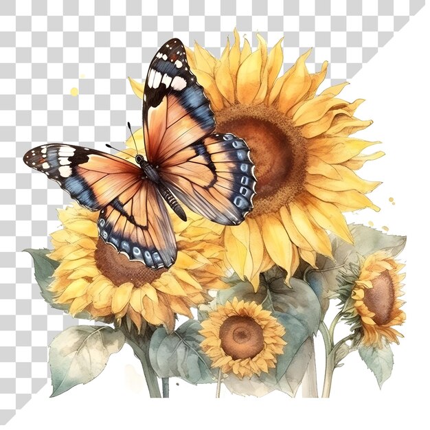 Aquarel schattige clipart vlinder met zonnebloem op doorzichtige achtergrond