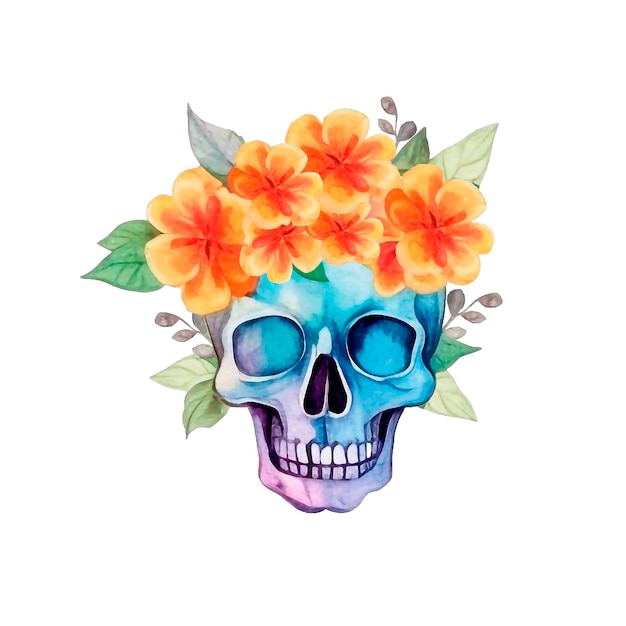 PSD aquarel schedel met lente kleurrijke bloemen en bladeren clipart geïsoleerde ai-generatie