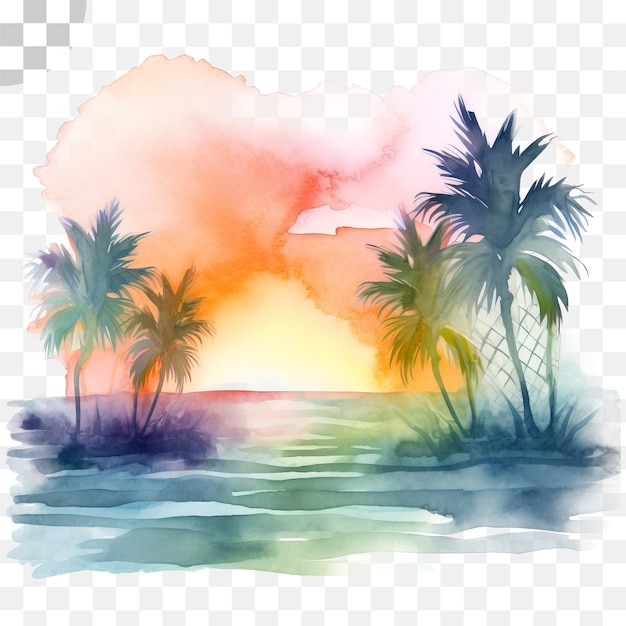 PSD aquarel schilderij van een strand met palmbomen en de zon