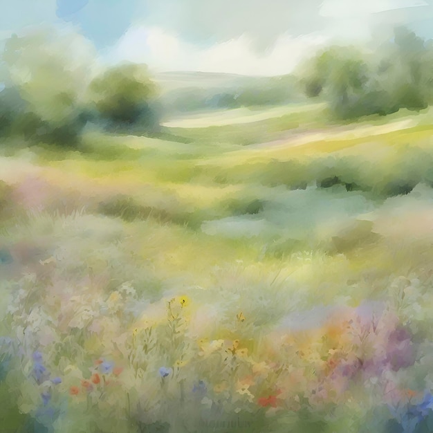PSD aquarel schilderij van een veld met wilde bloemen aigenerated