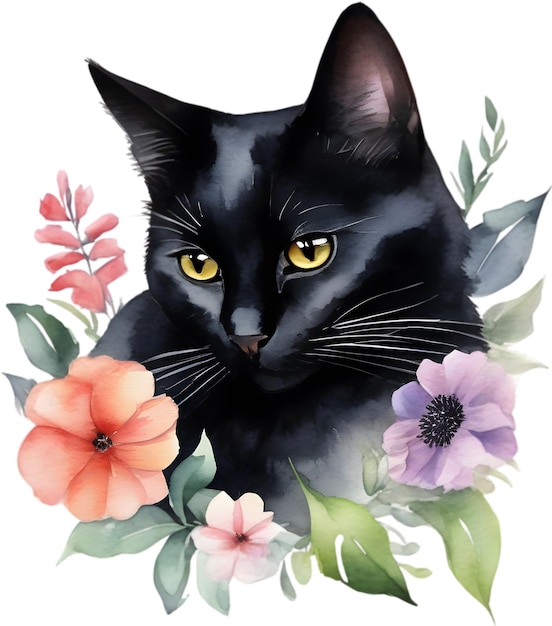 PSD aquarel schilderij van kat met bloem aigenerated