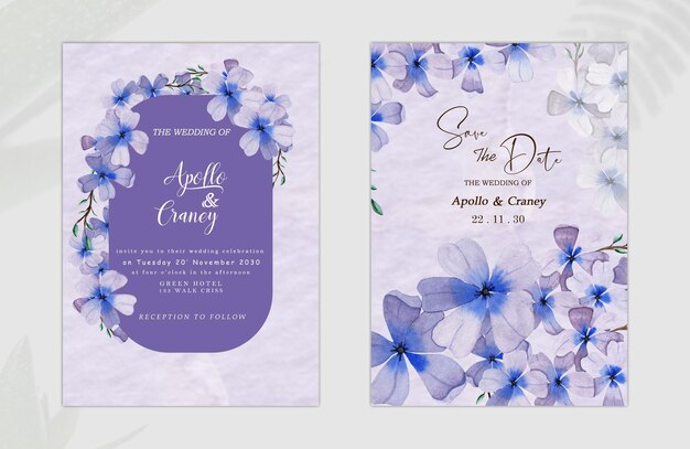 Aquarel vector set bruiloft uitnodiging kaart sjabloonontwerp met groene bladeren en bloemen psd