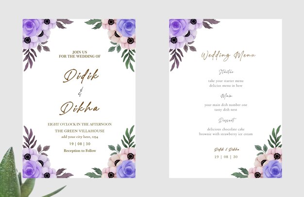 Aquarel vector set bruiloft uitnodiging kaart sjabloonontwerp met groene bladeren en bloemen psd