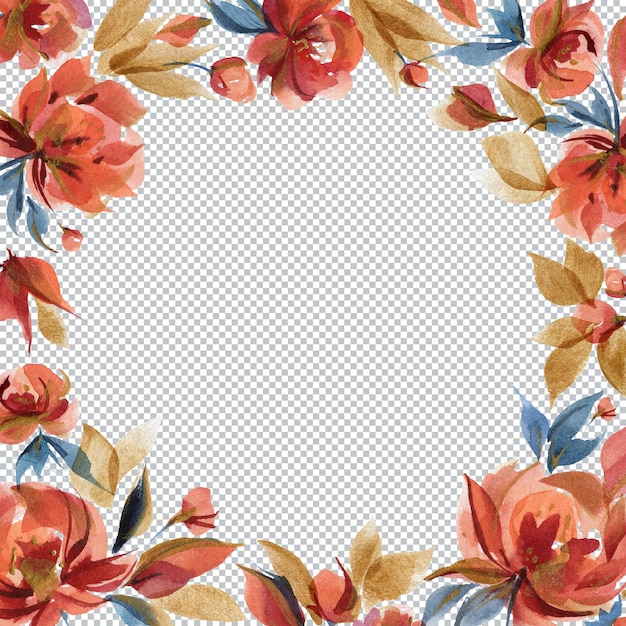 PSD aquarel vierkante frame met traditionele folk calico rose bloemen. blauwe en oranje kleuren, decoraties voor groeten en kaarten