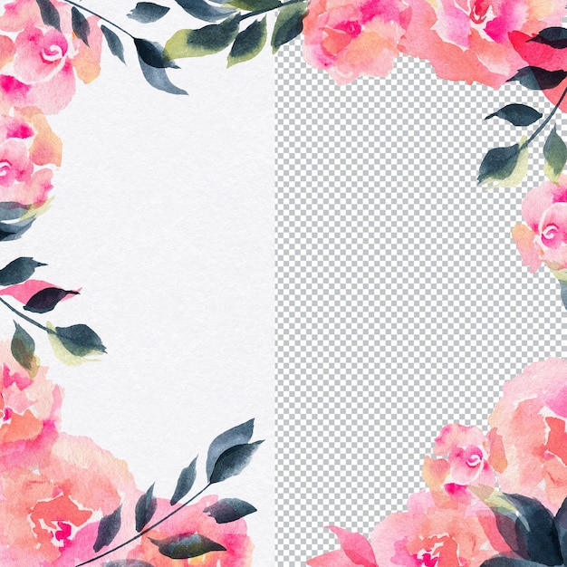PSD aquarel vierkante frame van roze bloemen en wilgentakken. leuke decoratie voor uitnodigingen en groeten