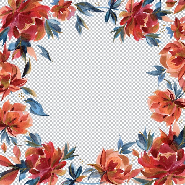 Aquarel vierkante frame van traditionele folk roze bloemen en takken. Blauwe en oranje kleuren, decoraties voor groeten en kaarten