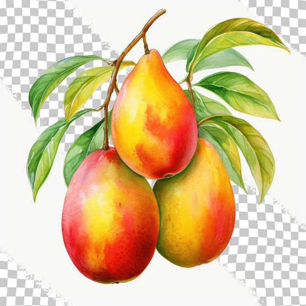 Aquarelillustratie van drie mango's op een doorzichtige achtergrond