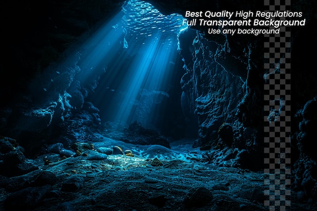 PSD aquatic illumination sunbeams filtering into the underwater cave on transparent background