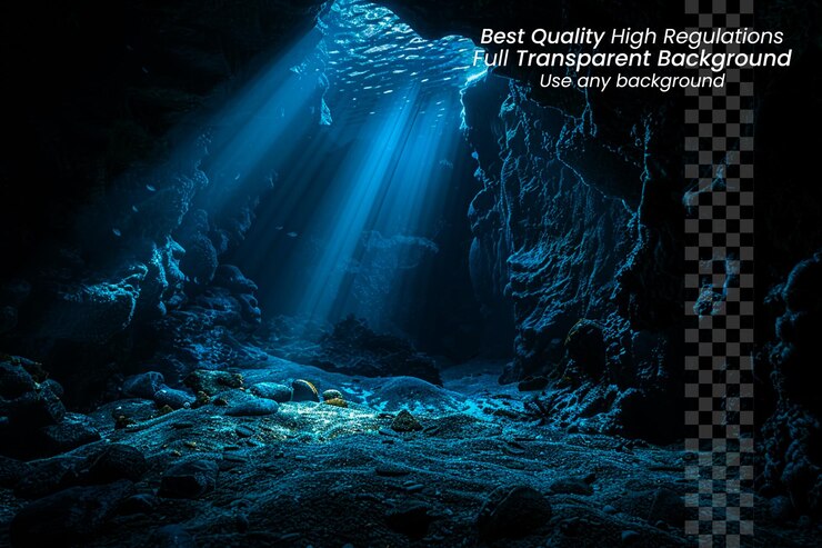 PSD aquatic illumination sunbeams filtering into the underwater cave on transparent background